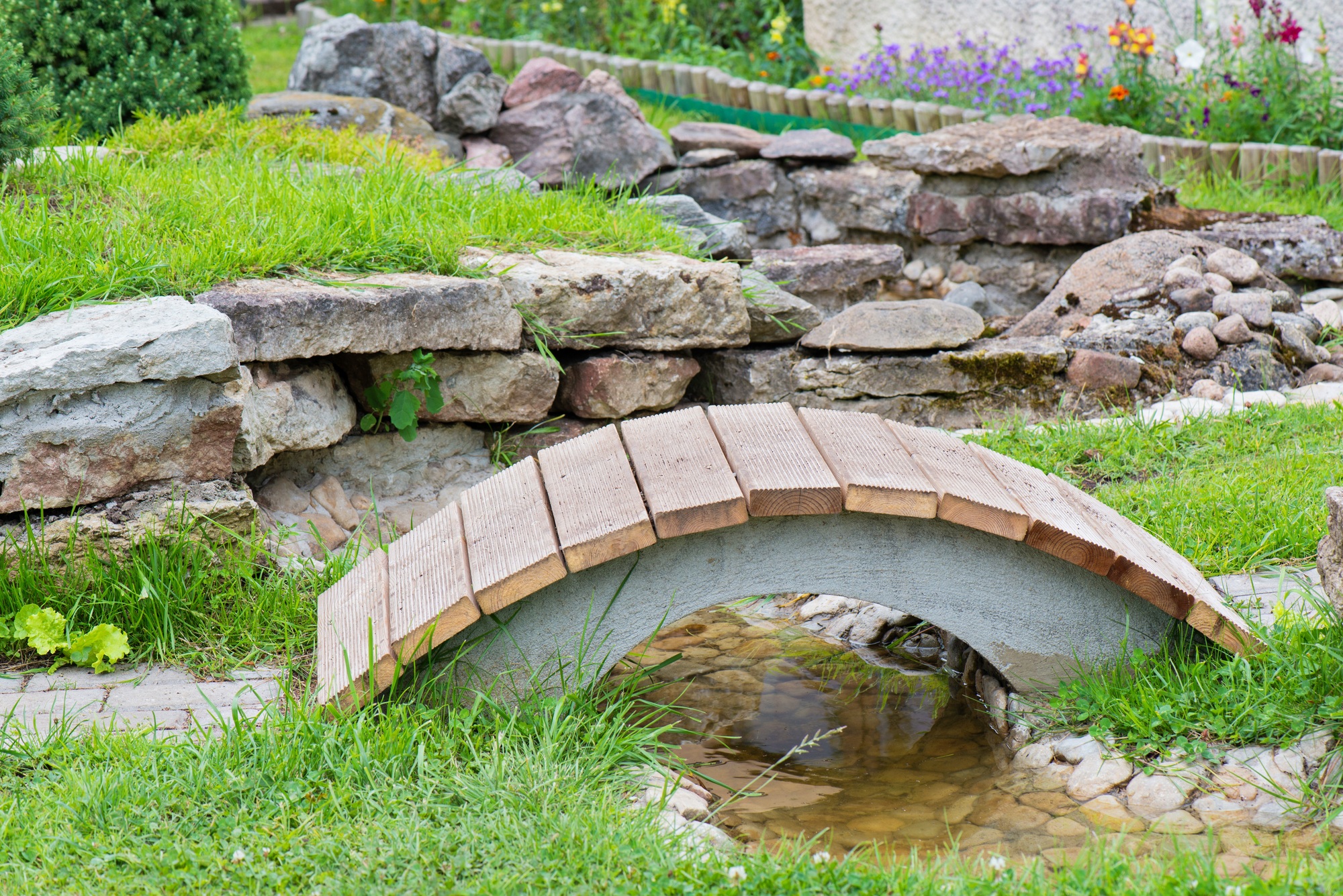 Modern garden design, rock garden with pond and bridge in summer