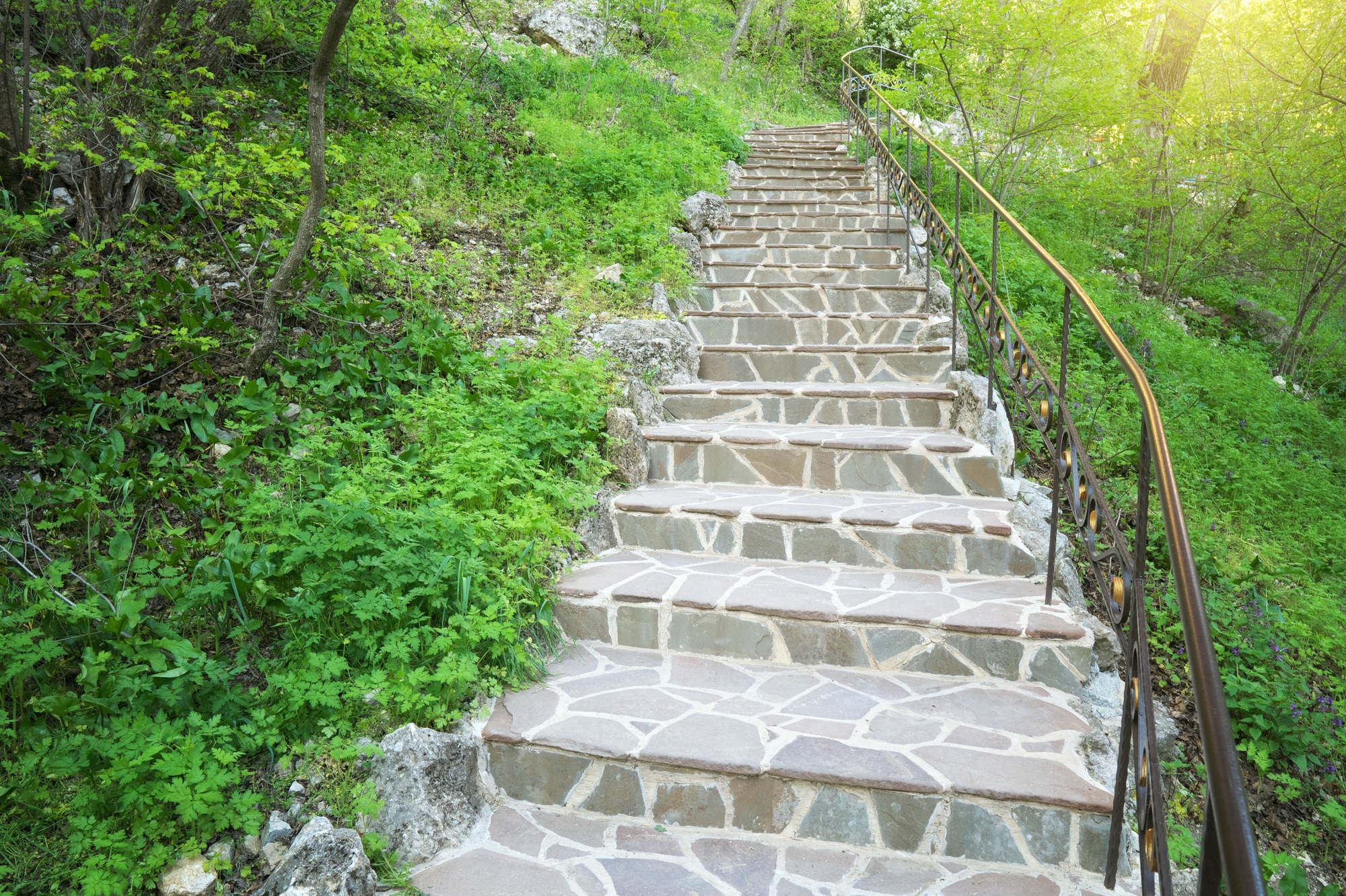 Stone steps in beautiful spring forest