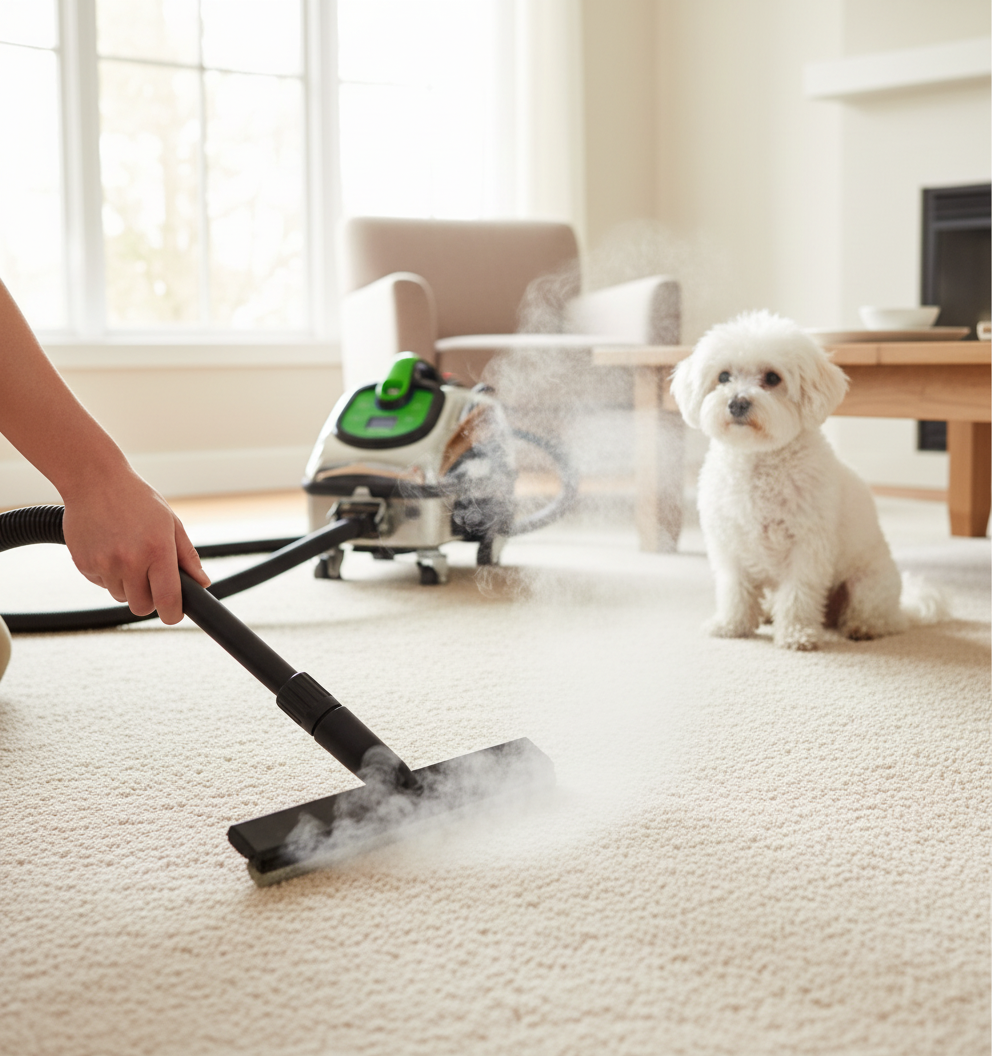 Haustierfreundliche Dampfreinigung ohne Chemie – sicher für Hunde und Katzen mit dem Miet-Gerät von Der Mario